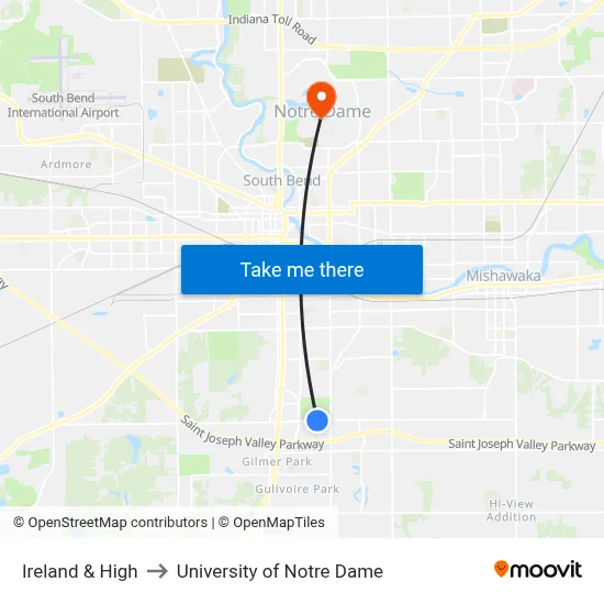 Ireland & High to University of Notre Dame map