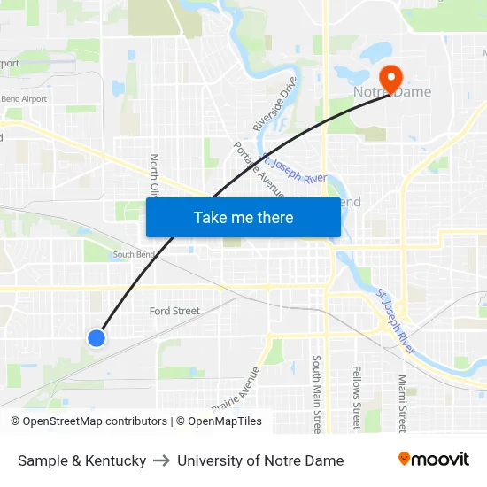 Sample & Kentucky to University of Notre Dame map