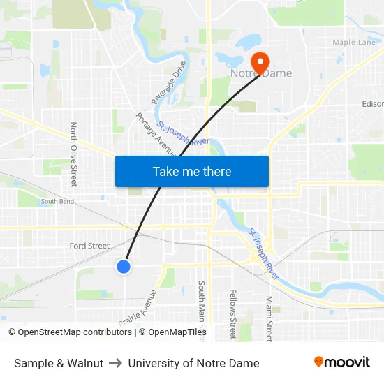 Sample & Walnut to University of Notre Dame map