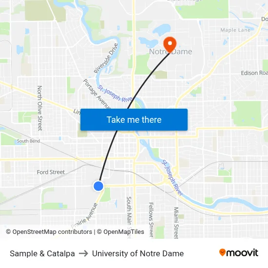 Sample & Catalpa to University of Notre Dame map