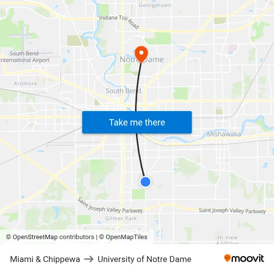 Miami & Chippewa to University of Notre Dame map