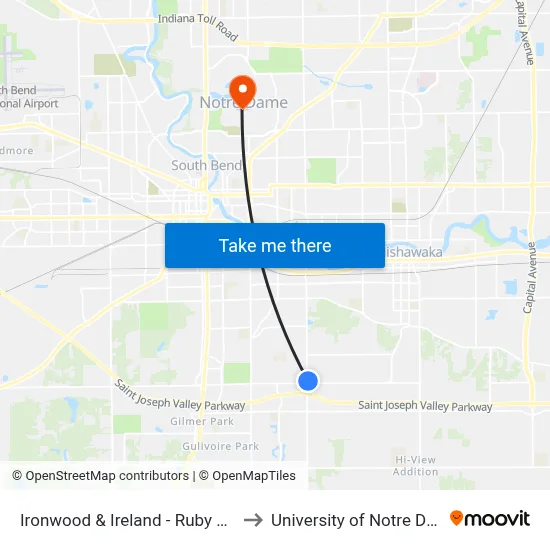 Ironwood & Ireland - Ruby Plaza to University of Notre Dame map