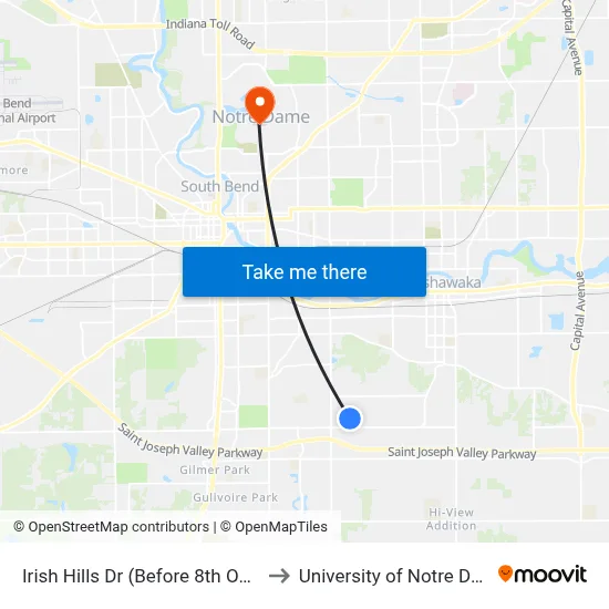 Irish Hills Dr (Before 8th Outlet) to University of Notre Dame map