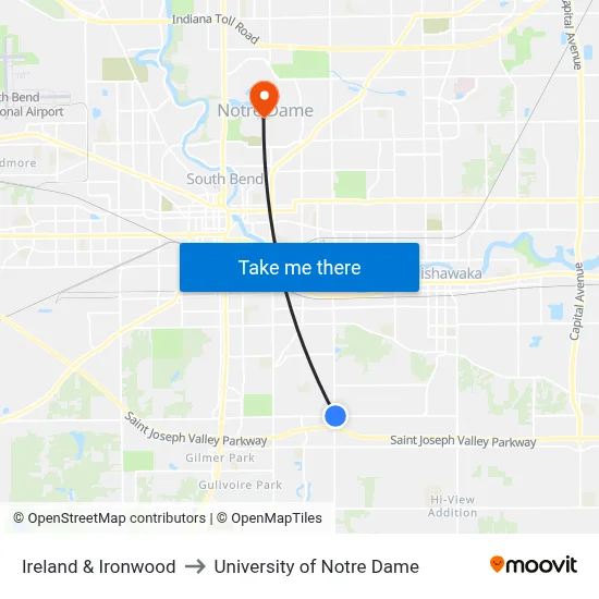Ireland & Ironwood to University of Notre Dame map