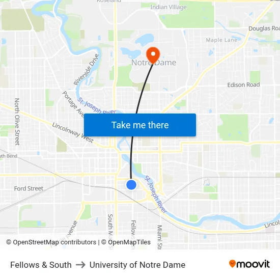 Fellows & South to University of Notre Dame map