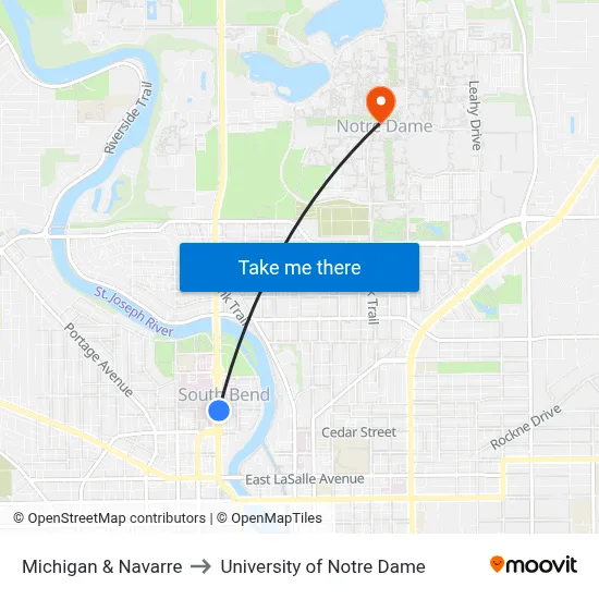Michigan & Navarre to University of Notre Dame map