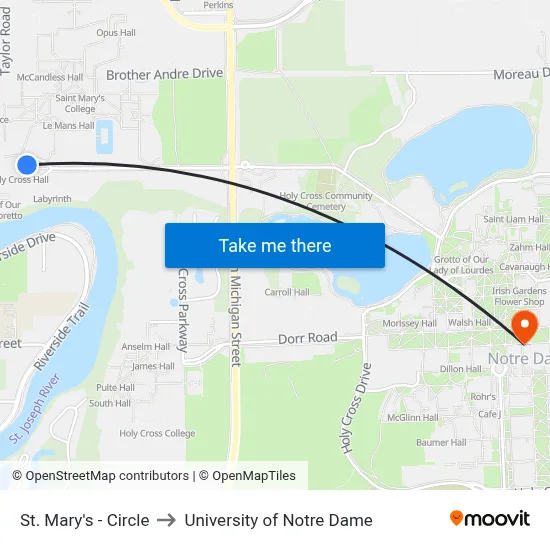 St. Mary's - Circle to University of Notre Dame map