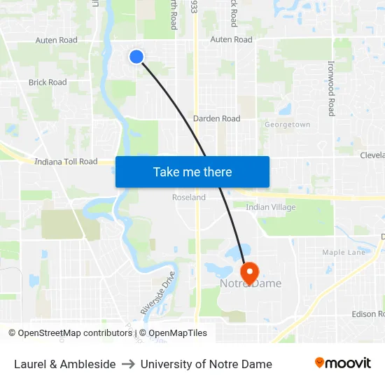 Laurel & Ambleside to University of Notre Dame map