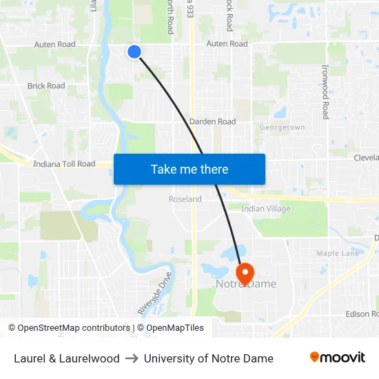 Laurel & Laurelwood to University of Notre Dame map