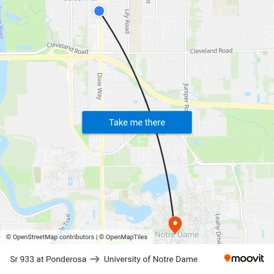 Sr 933 at Ponderosa to University of Notre Dame map