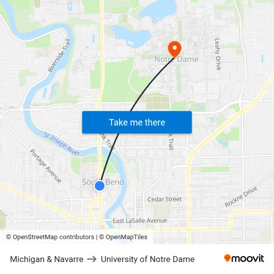 Michigan & Navarre to University of Notre Dame map