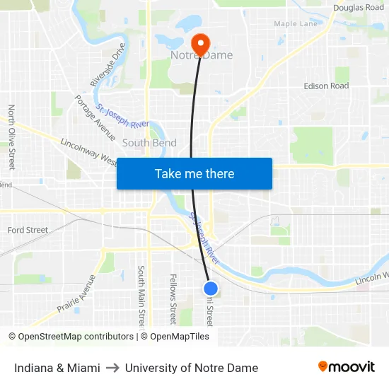 Indiana & Miami to University of Notre Dame map