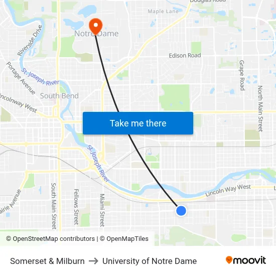Somerset & Milburn to University of Notre Dame map
