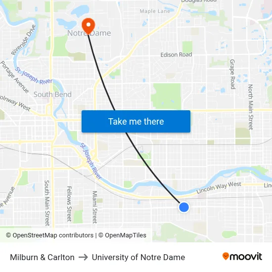 Milburn & Carlton to University of Notre Dame map