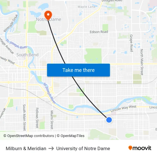 Milburn & Meridian to University of Notre Dame map