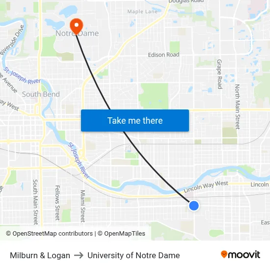 Milburn & Logan to University of Notre Dame map