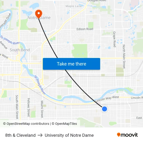 8th & Cleveland to University of Notre Dame map