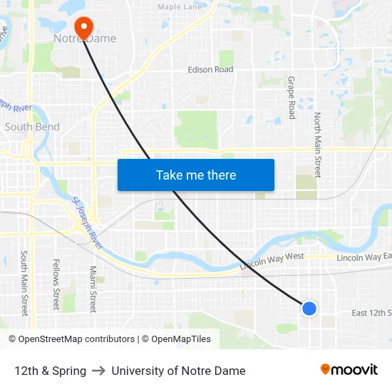 12th & Spring to University of Notre Dame map