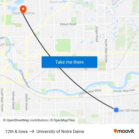 12th & Iowa to University of Notre Dame map