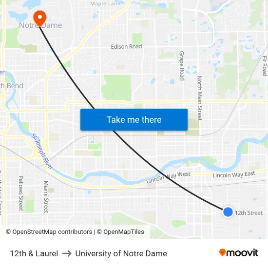 12th & Laurel to University of Notre Dame map