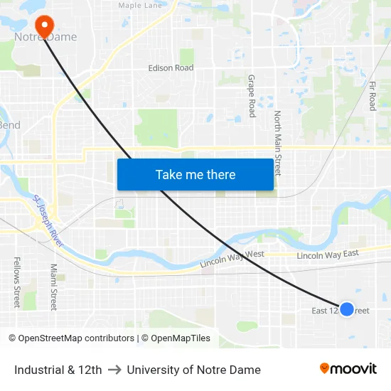 Industrial & 12th to University of Notre Dame map