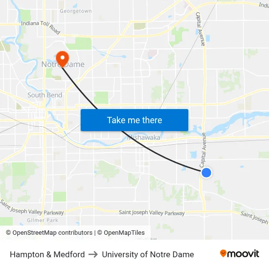 Hampton & Medford to University of Notre Dame map