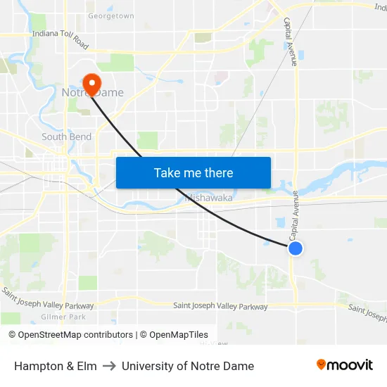 Hampton & Elm to University of Notre Dame map