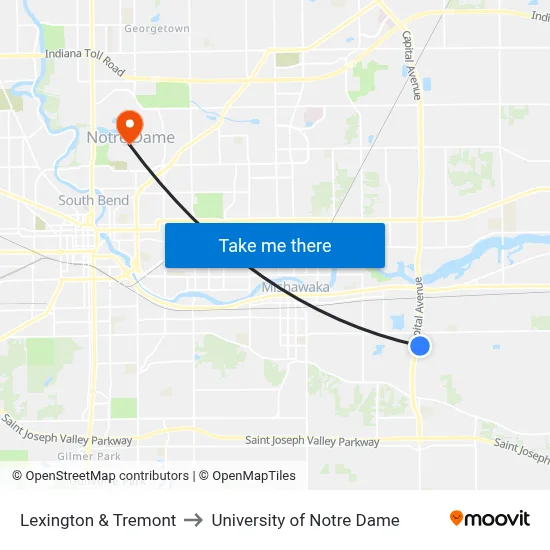 Lexington & Tremont to University of Notre Dame map