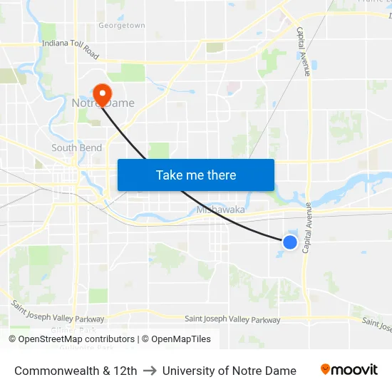 Commonwealth & 12th to University of Notre Dame map