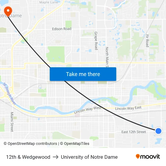 12th & Wedgewood to University of Notre Dame map