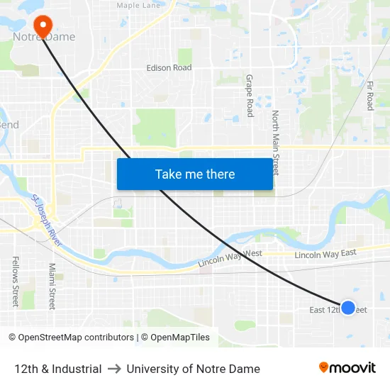 12th & Industrial to University of Notre Dame map