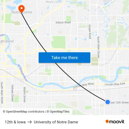 12th & Iowa to University of Notre Dame map
