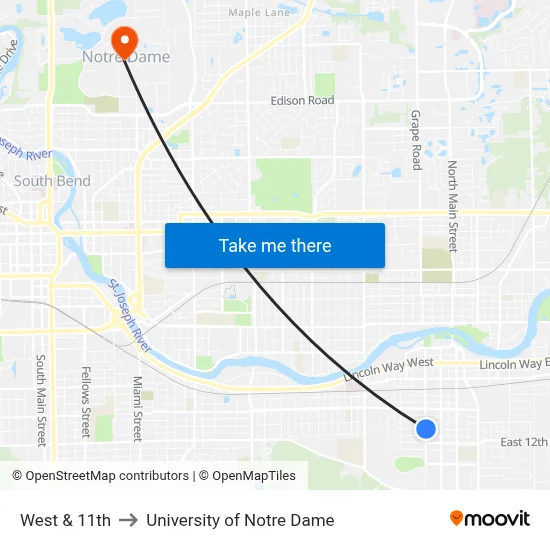 West & 11th to University of Notre Dame map