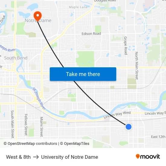 West & 8th to University of Notre Dame map