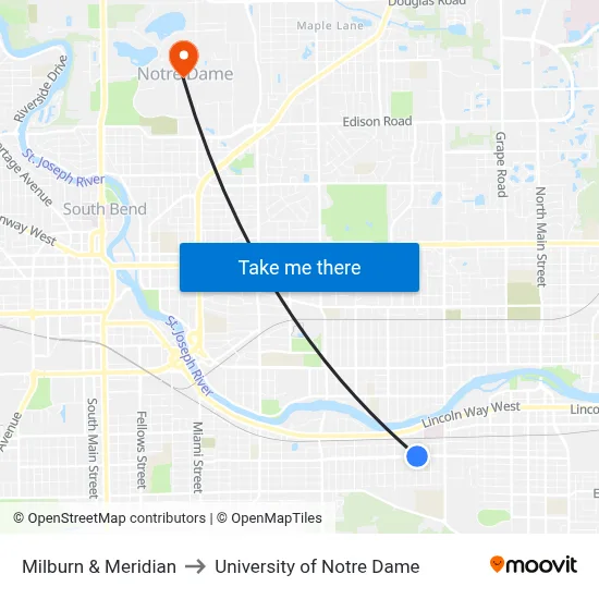 Milburn & Meridian to University of Notre Dame map