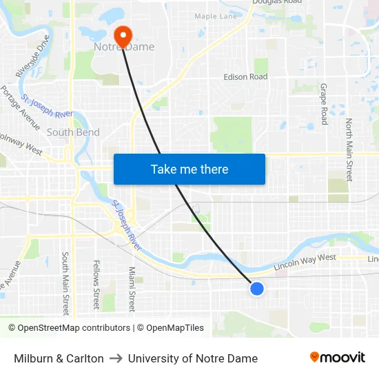 Milburn & Carlton to University of Notre Dame map
