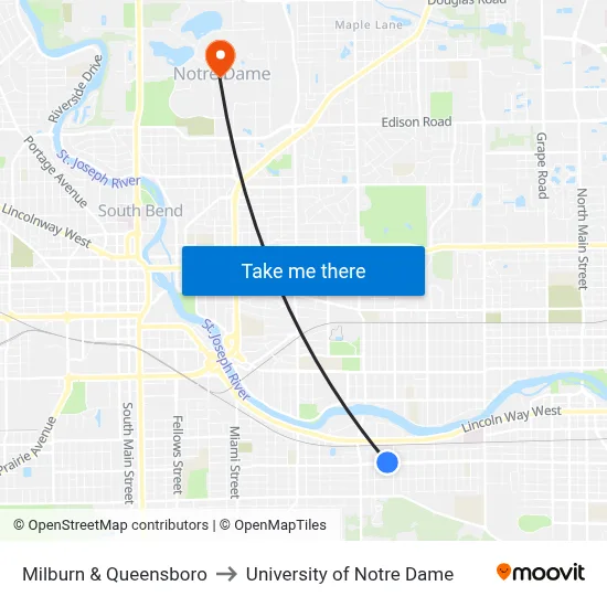 Milburn & Queensboro to University of Notre Dame map