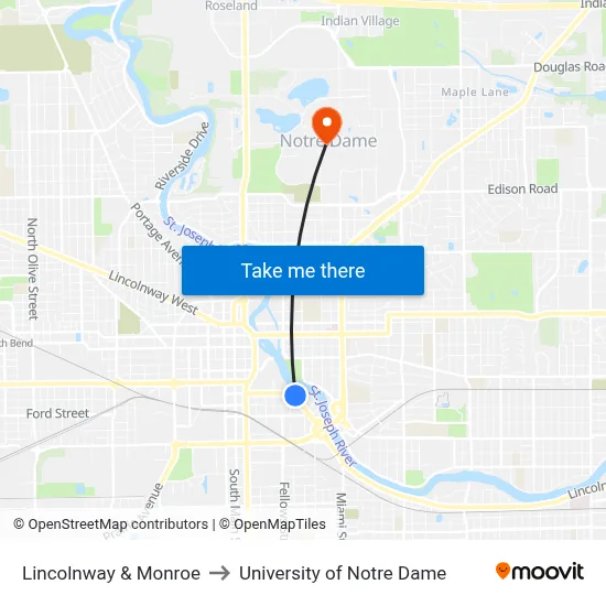 Lincolnway & Monroe to University of Notre Dame map