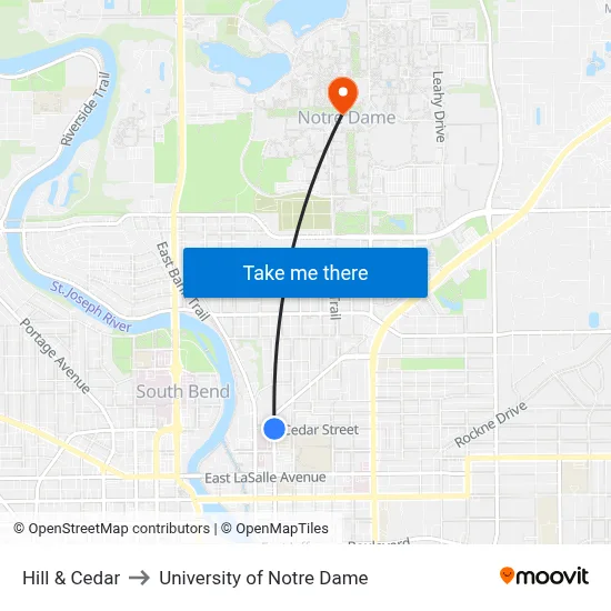 Hill & Cedar to University of Notre Dame map