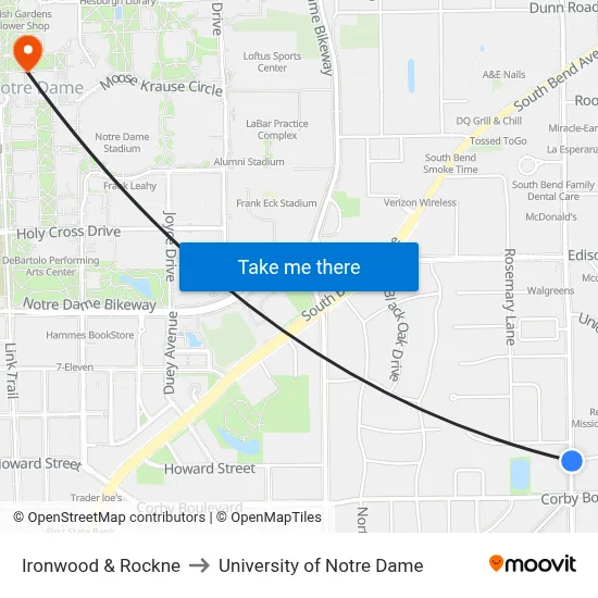 Ironwood & Rockne to University of Notre Dame map