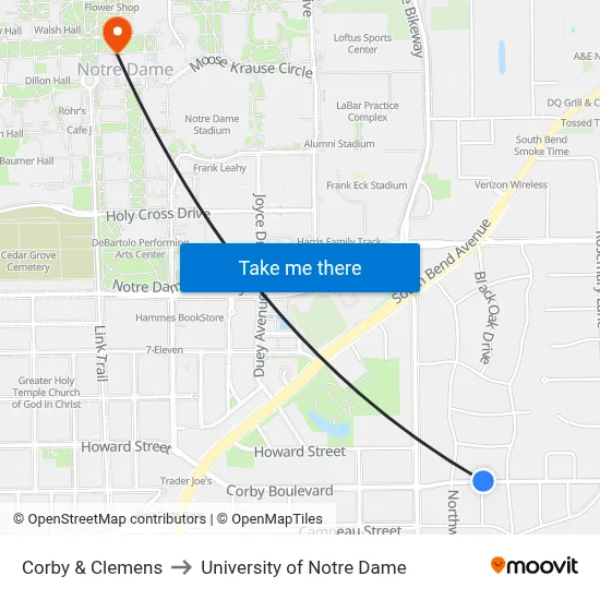 Corby & Clemens to University of Notre Dame map