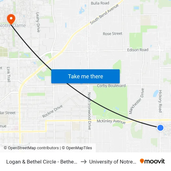 Logan & Bethel Circle - Bethel College to University of Notre Dame map