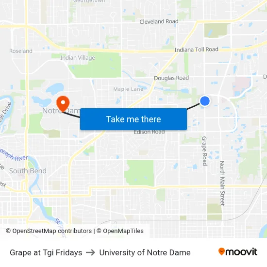 Grape at Tgi Fridays to University of Notre Dame map