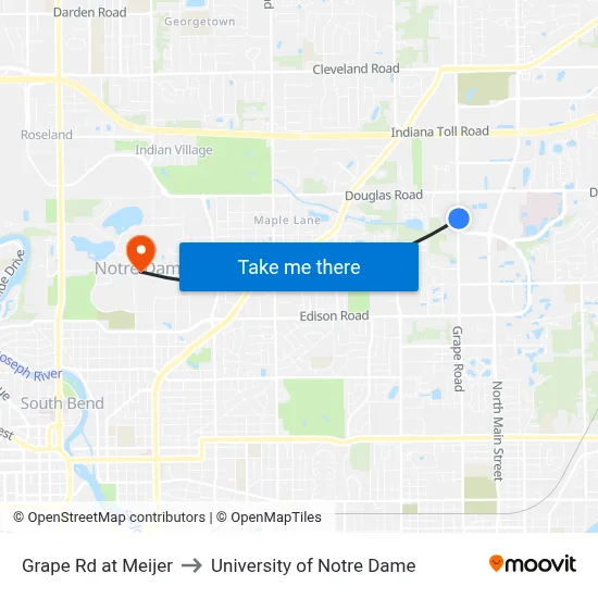 Grape Rd at Meijer to University of Notre Dame map