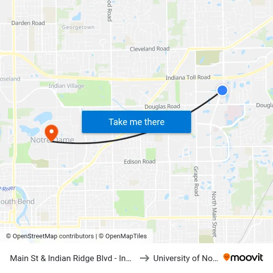 Main St & Indian Ridge Blvd - Indian Lakes Apts. to University of Notre Dame map
