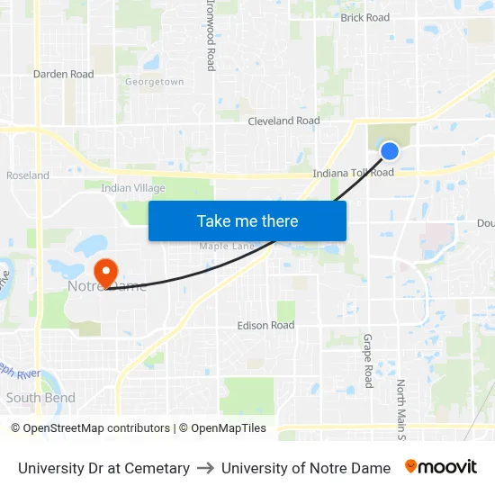 University Dr at Cemetary to University of Notre Dame map