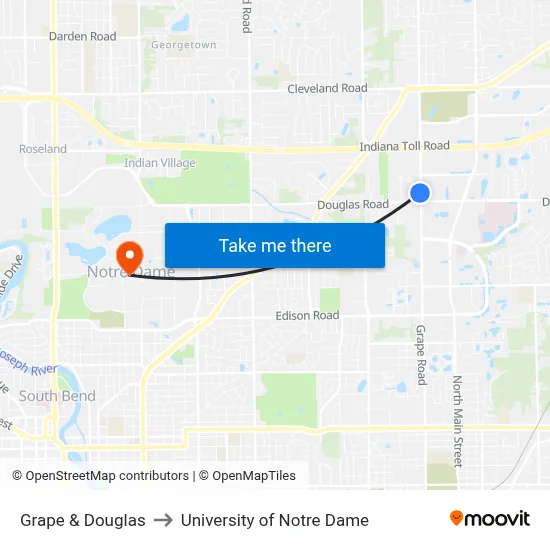 Grape & Douglas to University of Notre Dame map