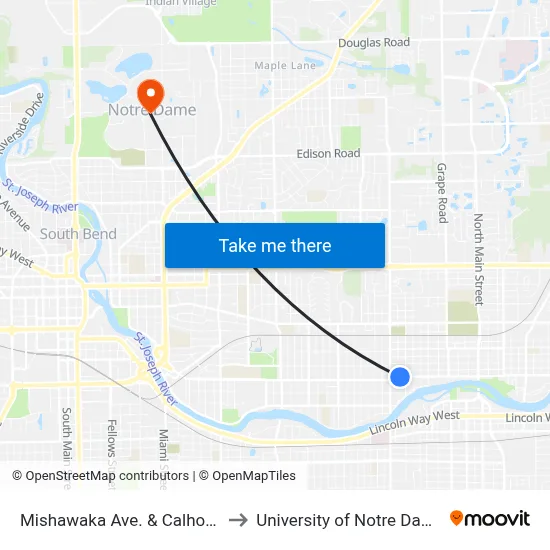 Mishawaka Ave. & Calhoun to University of Notre Dame map