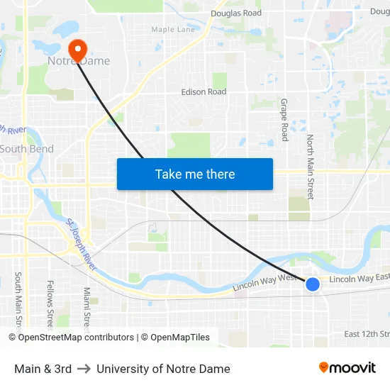 Main & 3rd to University of Notre Dame map