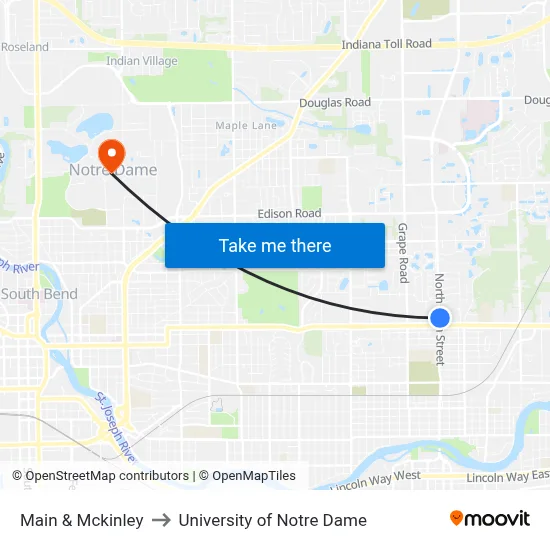 Main & Mckinley to University of Notre Dame map